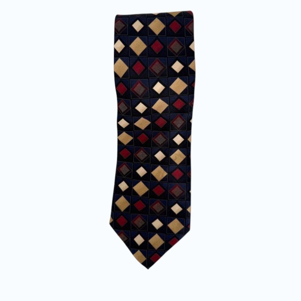 Bergamo New York 100% Silk Tie Geometric Navy Red Gold Men's Necktie